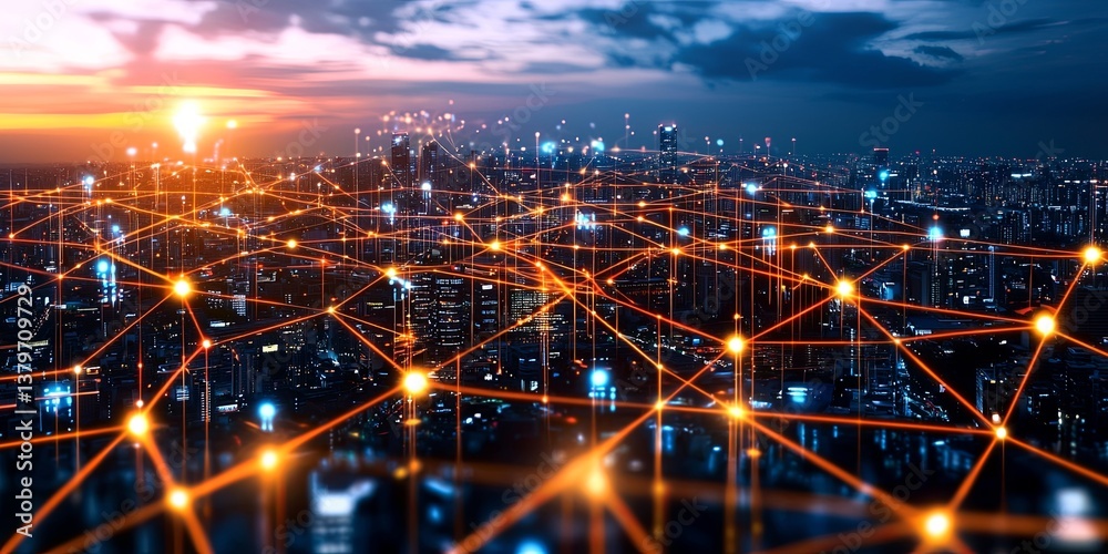 Fototapete A cityscape pulsates with a network of interconnected devices, forming a dynamic web that connects individuals and infrastructure, symbolizing the future of urban living.