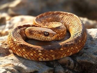 Fototapeta premium Coiled Snake Resting on Rock with Detailed Scales and Sharp Eye