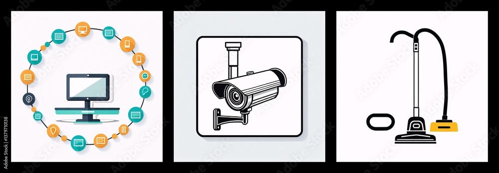 Poster Three square icons display a computer network, a security camera, and a vacuum cleaner in simple graphic style.