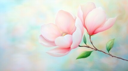Fototapeta premium Elegant pink flowers on a serene blue background, floral painting masterpiece