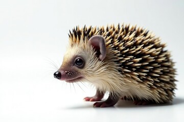 Obraz premium Close-up of a single hedgehog against a stark white backdrop, wildlife, pure white