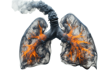 Artistic representation of human lungs with smoke and fire elements, highlighting the impact of pollution.