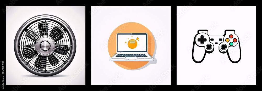 Poster Three panels display a fan, a laptop with a burst symbol and an orange circle, and a classic game controller.