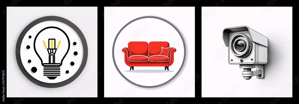 Poster three icons depict a bright lightbulb, a red sofa, and a security camera. these simple graphics are 