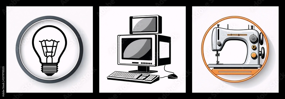 Poster three icons in circles: lightbulb for ideas, desktop computer for technology, and sewing machine for