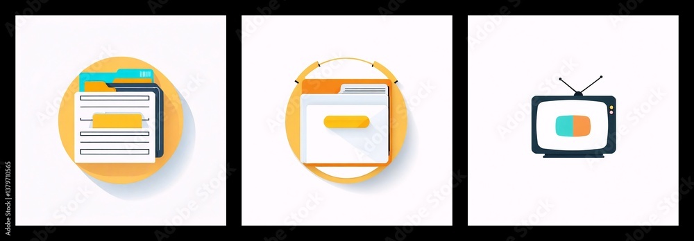 Poster Three flat design icons: a document folder, a browser window with a folder, and a TV displaying a pill shape.