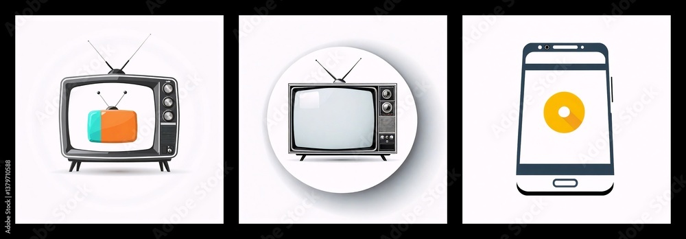 Poster three panels display media devices: a retro television showing a smaller tv, a classic tv in a circl