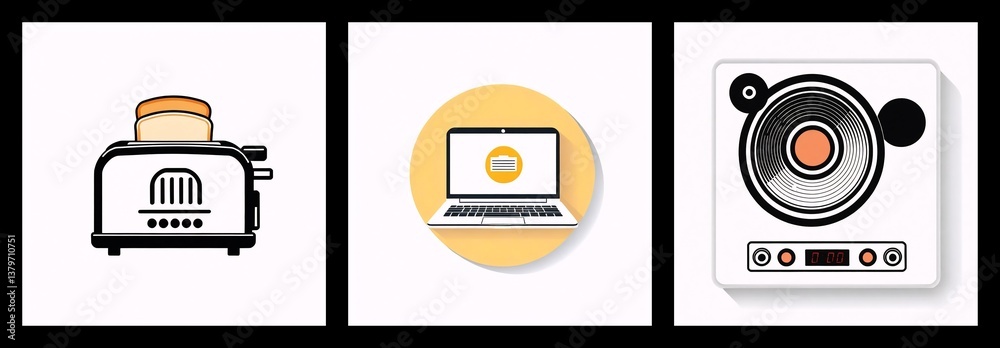 Poster Three squares display icons: a toaster with bread slices, a laptop on a yellow circle, and a speaker. Each icon is simple and graphic.