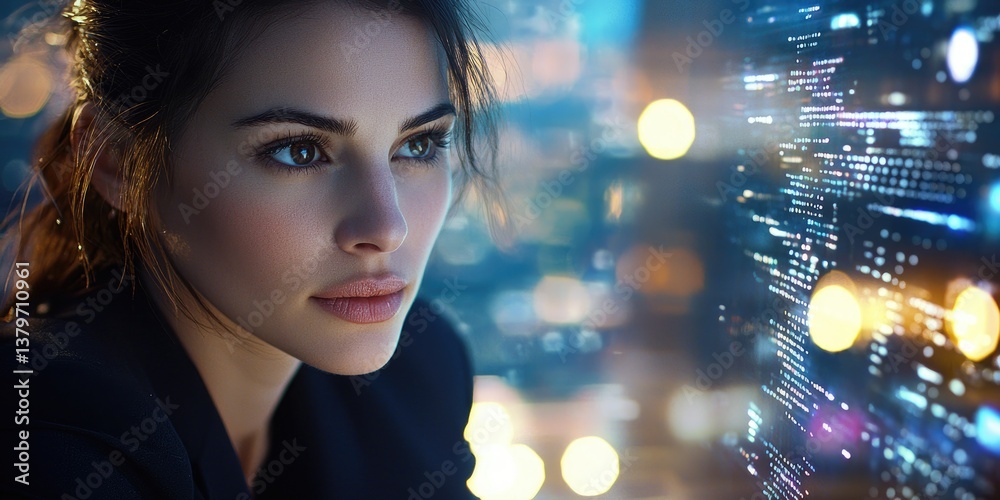 Poster a confident woman with sharp eyes and a determined gaze navigates the digital landscape within the s