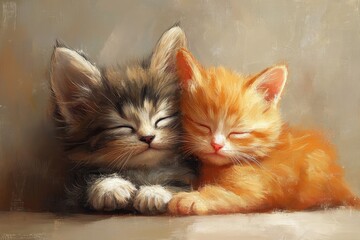 Obraz premium Two adorable kittens resting side by side in a cozy environment on a soft surface