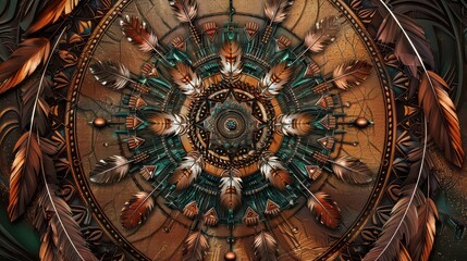 Obraz premium A Native American dreamcatcher design with feathers and beads in earthy tones. 