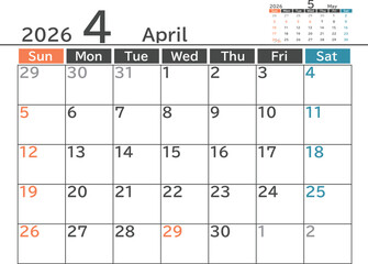 シンプルなデザインの2026年4月のマンスリーカレンダー素材