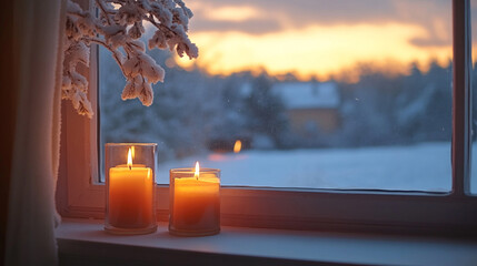 Cozy Winter Sunset Two Burning Candles on Snowy Windowsill