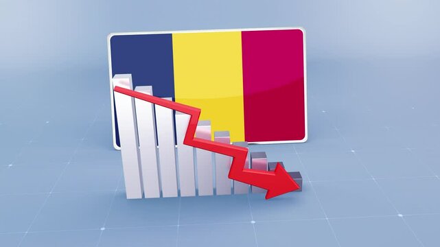 Chad Country Flag and Bar Chart Graph Showing Decreasing Values a Red Arrow Economic Crisis Concept