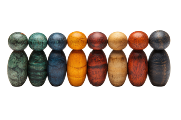 Colorful wooden figures aligned in a row on a white isolated background, perfect for creative displays.