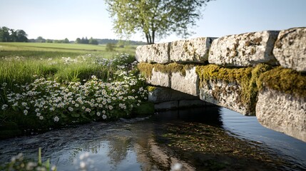 Fototapeta premium Serene Spring Countryside Scene Featuring a Stone Bridge and Wildflowers by the Water