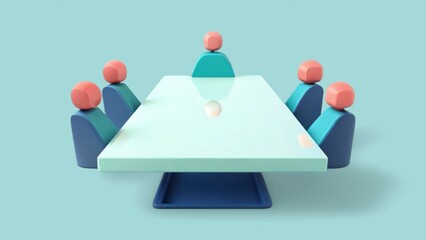 Office workspace 3D illustration concept. Meeting table with stylized figures in a collaborative setting.