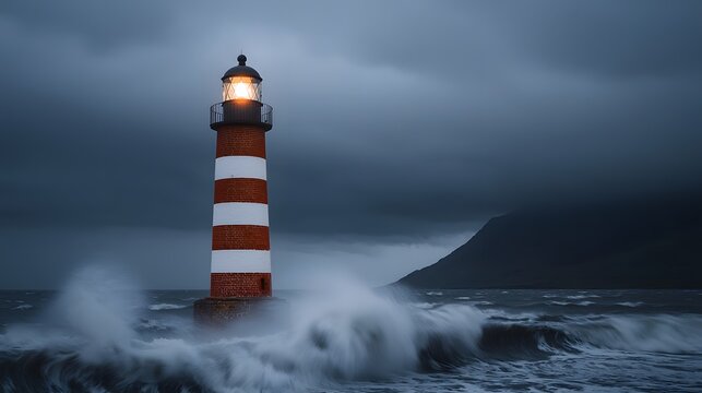 Crumbling Red Brick Lighthouse Standing Resilient Against Stormy Waves and Dark Skies - Powered by Adobe