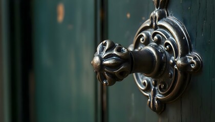 close up of a door handle on a green door