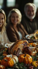 A roasted turkey and family gathered at a festive table