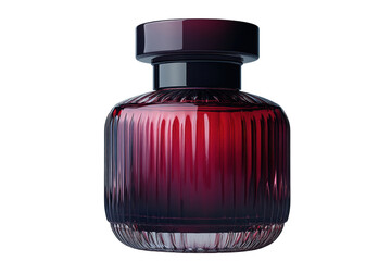 Elegant red glass perfume bottle with a textured surface, isolated on a white background.