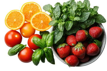 Fresh fruits and herbs, including strawberries, oranges, tomatoes, and basil in a bowl on a white background.