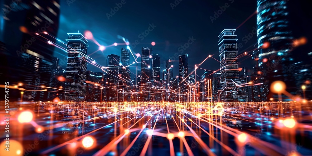Fototapete a futuristic cityscape of interconnected nodes, where data flows like a river, carrying queries, ana