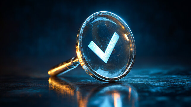 Magnifying glass and checkmark icon Represents document verification focusing on checking the authenticity of documents or adherence to company rules and policies