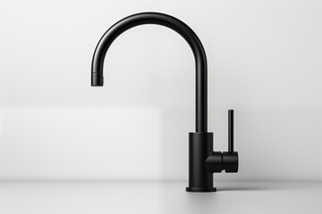 Matte black modern kitchen faucet with a sleek curved design. This stylish faucet adds contemporary touch to kitchen interiors with its minimalist structure.