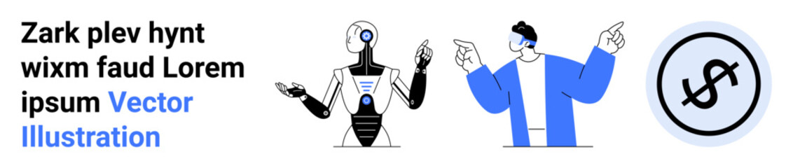 Robotic figure and person exchanging ideas with highlighted dollar sign. Ideal for AI, collaboration, innovation, economy, technology, business strategies, simple landing page