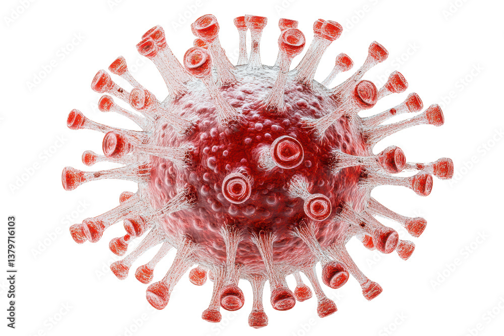 Poster microscopic view of a virus, showing its structure and details, against a white isolated background.