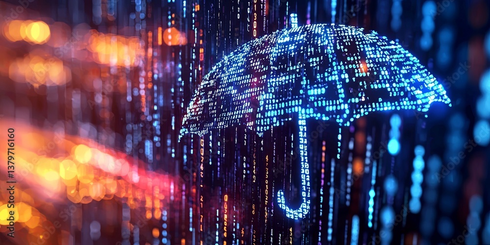 Poster A binary code, formed from an umbrella and raindrops, symbolizes data protection and security, highlighting the importance of privacy and safeguarding information.