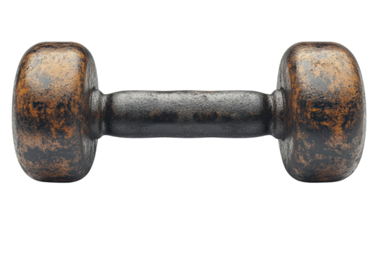 Old rusty dumbbell on a white isolated background, perfect for fitness and workout themes.