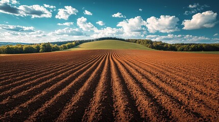 Plowed field, spring landscape, hills, sunlight