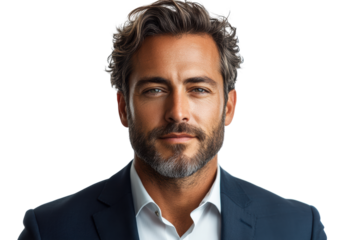 Professional and confident man with stylish hair and beard, wearing a suit, posing against a white background.