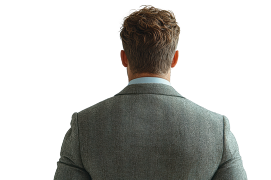 Professional man in a gray suit viewed from behind, ready for a business meeting on a white isolated background.