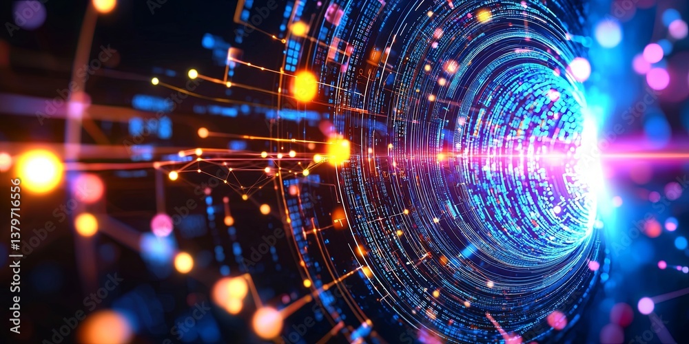 Fototapete on a vibrant, digital screen, a swirling vortex of data, represented by interconnected nodes and lin