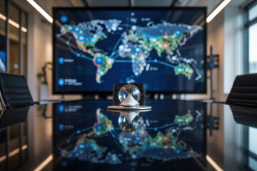 A Conference Room with a Large Screen Displaying a Global Network Diagram and Real-Time Analytics