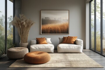 Contemporary living room interior with light colors and natural decor elements in a serene setting