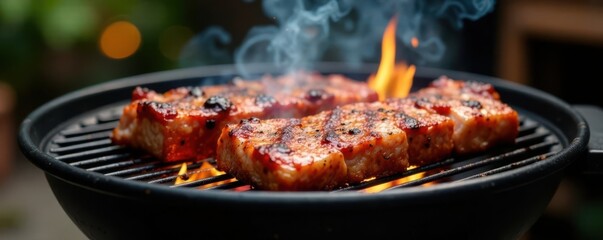 Close-up of black BBQ Grill icons with sizzling meat, cooktop, hot food