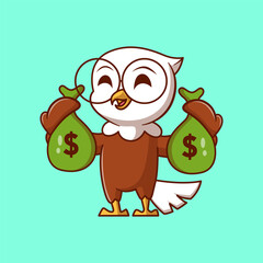 Cute Eagle Holding Money Bag Cartoon Illustration. Study icon concept. Flat cartoon style