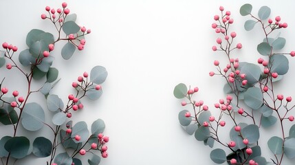 Eucalyptus branches with pink berries on a white background.