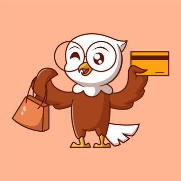Cute Eagle Holding Bag and Credit Card Cartoon Illustration. Study icon concept. Flat cartoon style