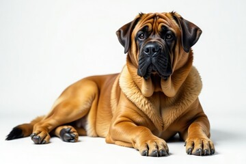 Obraz premium Imposing Mastiff, relaxed posture, pure white backdrop, animal photography, relaxed