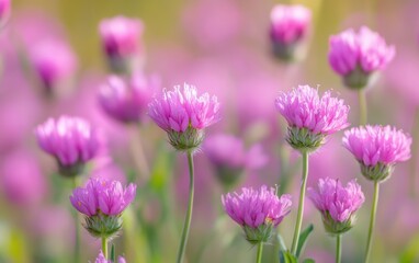 Purple flowers stand out in a field of pink blossoms with a softly blurred backdrop.