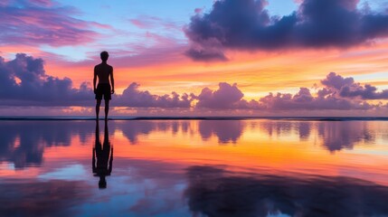 Fototapeta premium Arafed man stands on a beach, holding a surfboard near the water's edge.