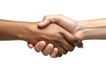 Two hands shaking, symbolizing agreement, cooperation, and partnership, on a white isolated background.
