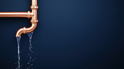 A copper pipe leaks water against a dark blue background, illustrating plumbing issues or home maintenance needs.