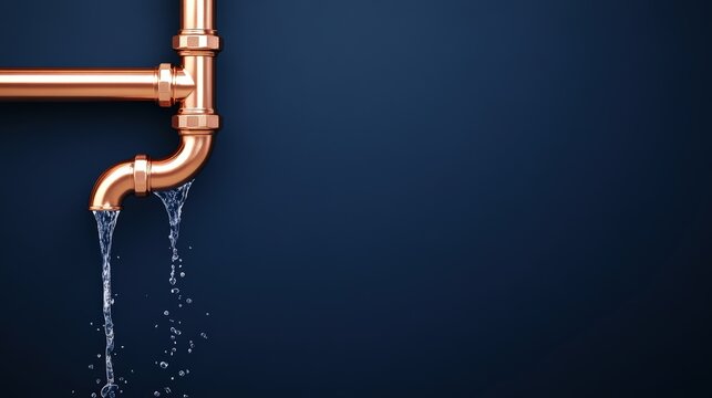 A copper pipe leaks water against a dark blue background, illustrating plumbing issues or home maintenance needs.