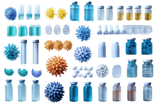 Various laboratory vials and microbe models arranged creatively. Suitable for scientific and educational purposes.